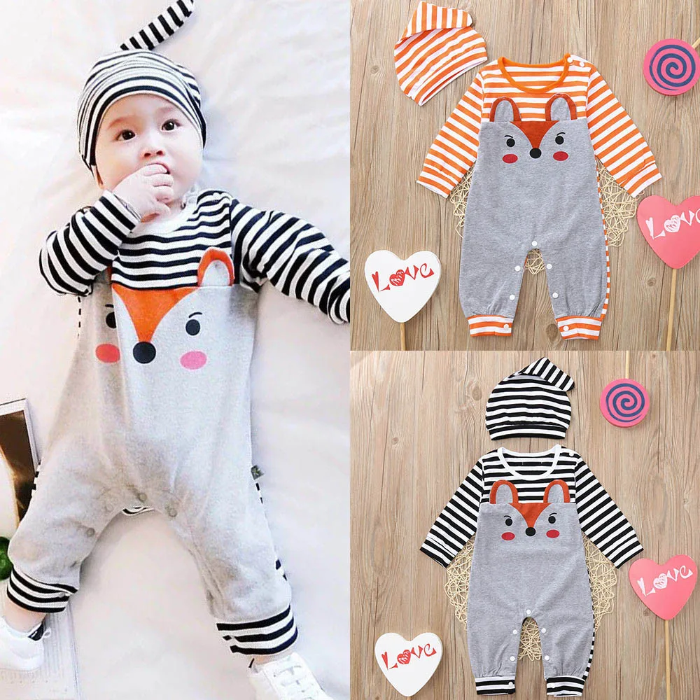 

Baby Romper Jumpsuit 2019 Infant Baby Girls Boys Long Sleeve Fox Print Romper Jumpsuit Stripe Hat Outfits