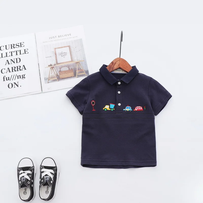 Fashion Summer Cotton Baby Boys Short Sleeved T-shirt Cartoon Embroidery Children Tees Kids Tops For Age 2-7 Years Old