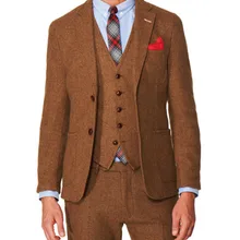 Последние конструкции пальто брюки коричневый твид жениха Смокинги для женихов индивидуальные 3 предмета Мужская Свадебная вечеринка Костюмы Жених костюм дружки наряд