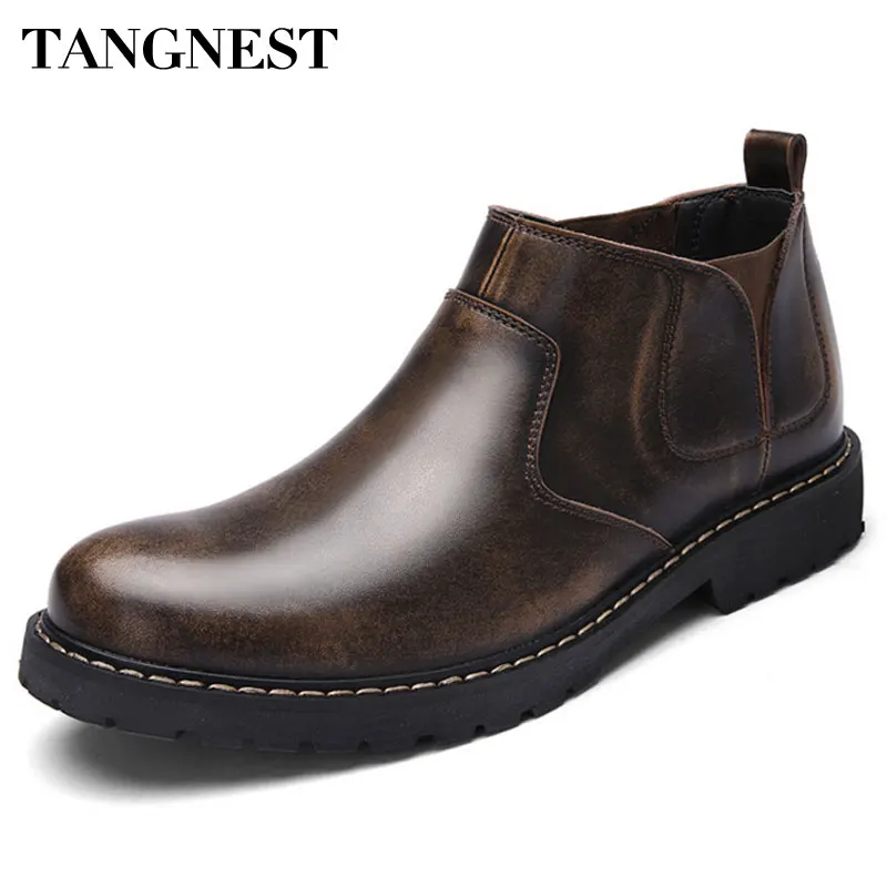 

Tangnest Retro Men Fashion Boots Cow Split Leather Business Boots Male Casual Work Boot Man Mixed Color High Top Shoes XMX709