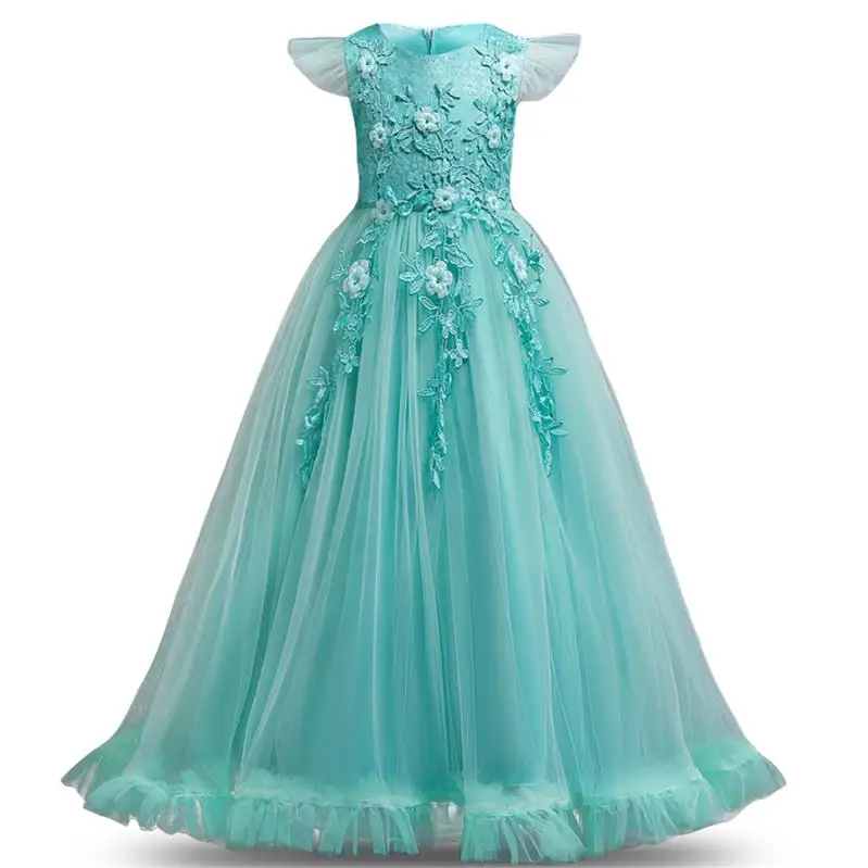 Г. Зимнее платье с цветочным узором для девочек; Детские платья для девочек; костюм; свадебное платье; длинное праздничное платье принцессы для детей-подростков - Цвет: Green