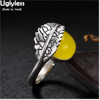 

Uglyless Real 990 Silver Jewelry Handmade Nature Chalcedony Finger Rings Women Luxury Statement Ring Ethnic Engraved Leaf Bijoux