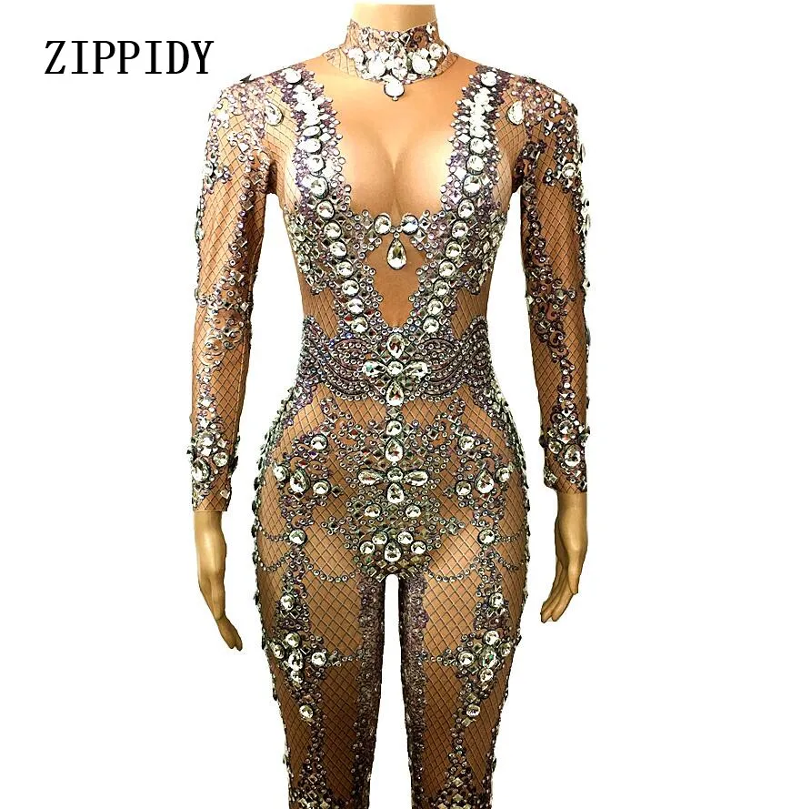 Sparkly Stones Jumpsuits Big Rhinestones Sexy Bodysuit Performance