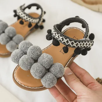 

Modis Baby Girls Sandals 2019 Summer New Sweet Fur Balls Roman Shoe Kids Sandals Princess Beach Shoes Bohemian Style Folk-custom