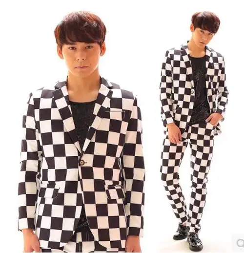 

S-5XL ! New Men's clothing singer DJ bigbang GD Black white squares suit pants set custom made male stage costumes formal dress