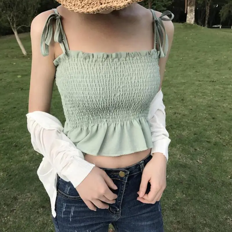 

women fashion polka Solid casual sling shirts women back elastic ruffles blusas chic chemise tops Pleat Sling Tops
