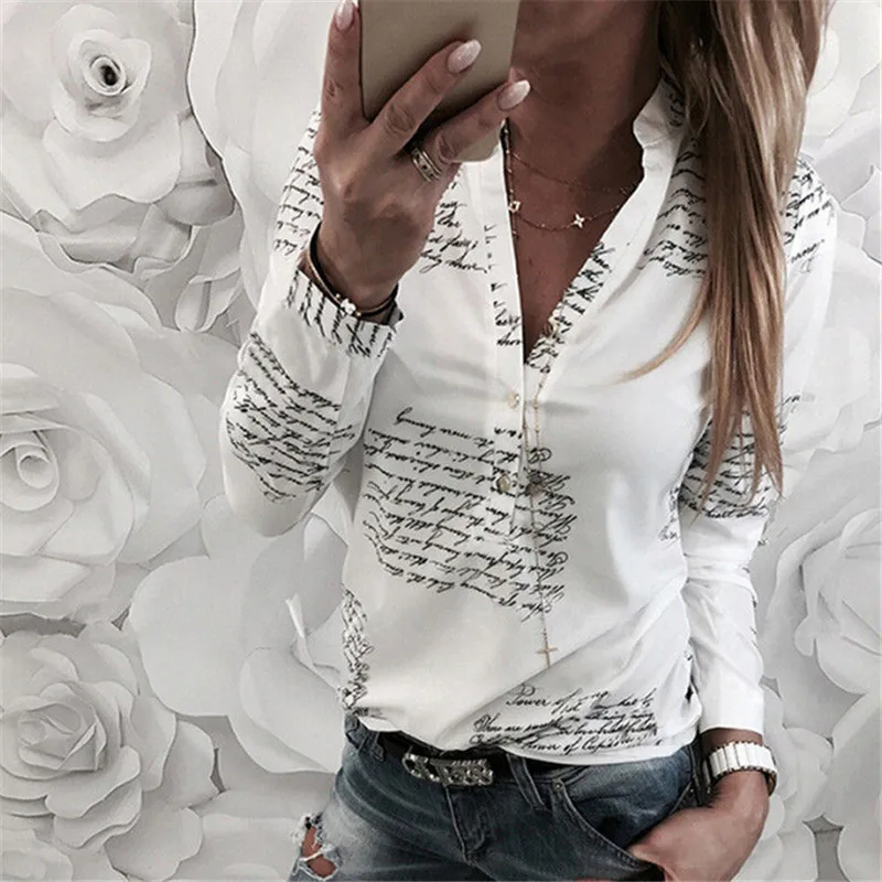 

Fashion Women Autumn Spring Casual Blouse Newest Ladies Printed Long Sleeve Shirt Hot Sale V-neck Loose Tops Blusa Feminina W3