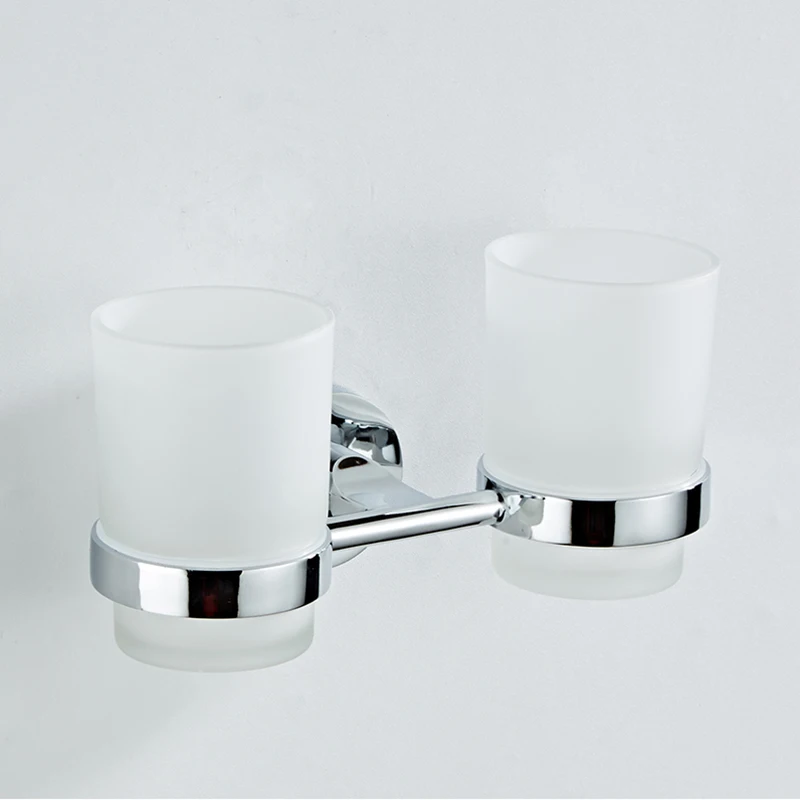 SRJ Stainless Steel Chrome Cup Holder Bathroom Washing Cup Toothbrush Embedded Double Cup Holders Household Bathroom Mug Holder