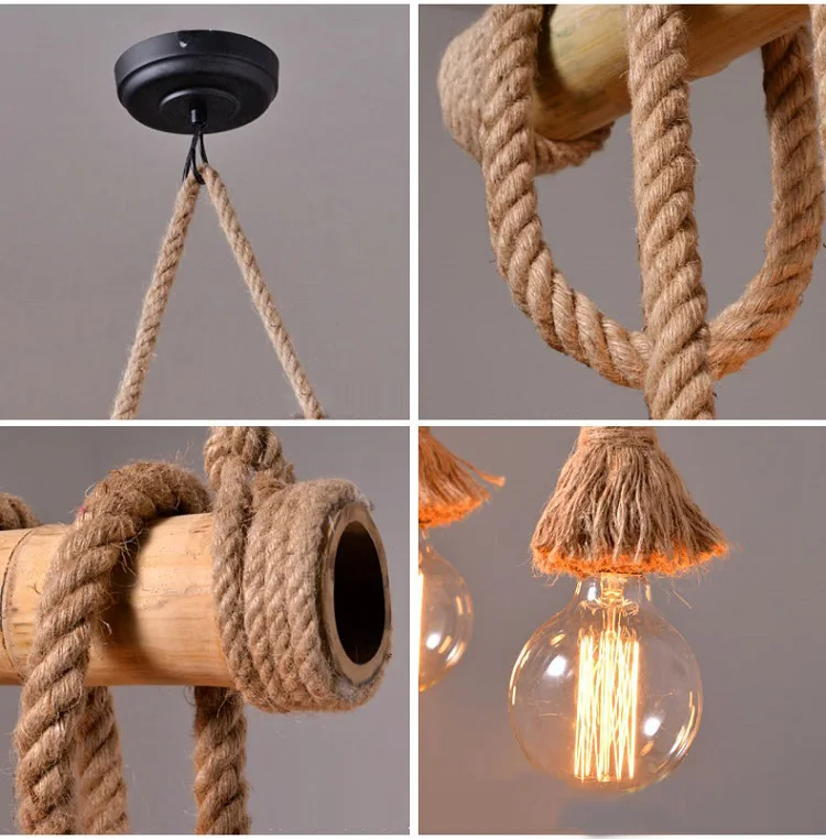 corda, pingente de bambu, lâmpada de suspensão, corda