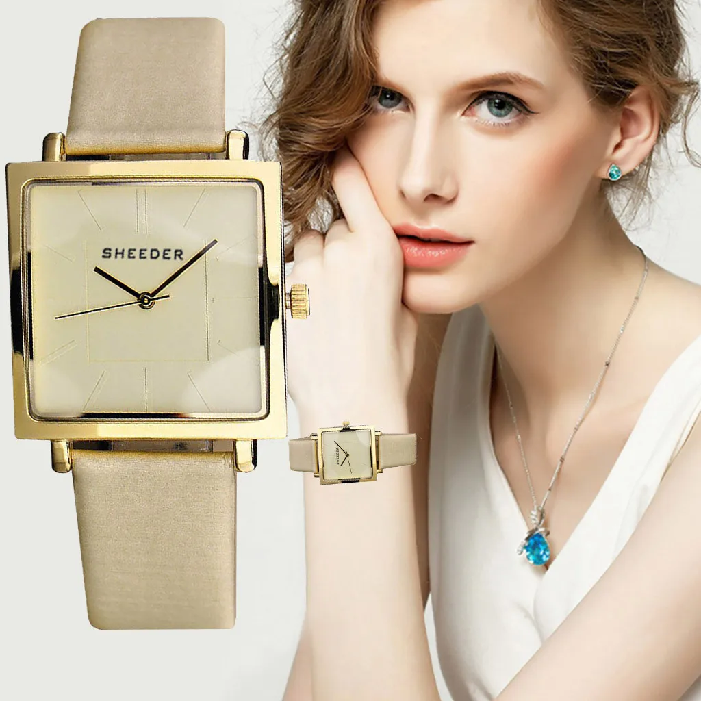 Роскошные часы, женские часы-браслет, модные, простые, модные, с печатным ремешком, без цифрового квадратного циферблата, женские кварцевые часы#50