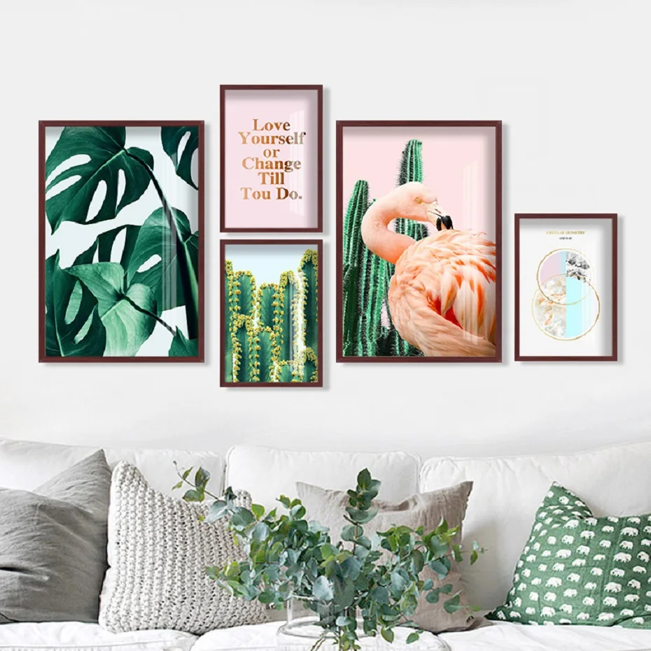 

Nordic Green Plants Leaves Cactus Wall Art Prints Love Flamingo Canvas Painting Prints Wall Art Picture Living Room Home Decor