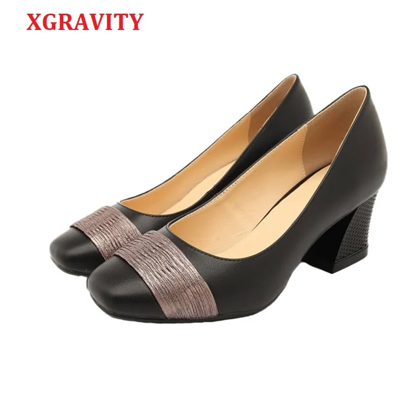 

XGRAVITY 2020 Spring Autumn New Fashion Round Toe Chunky Heel Women Pumps Sexy Comfy Female Genuine Leather Shoes Ladies C137