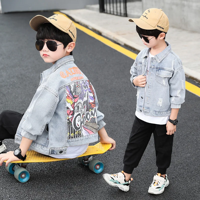 

Denim Jacket Teenage Boys Cartoon Letter Printed Autumn Ripped Jeans Coats Fashion Streetwear Jacket for Boys Kids