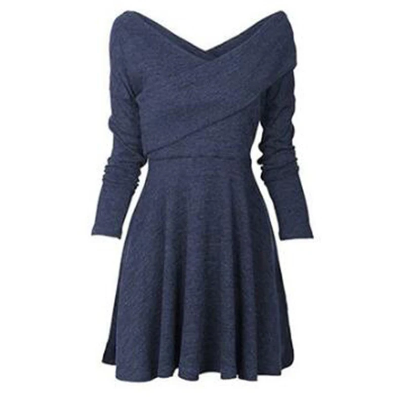 

2019 Autumn Women Elegant Sweater Dress Women V-neck Cross Long Sleeve A Line Knit Mini Dress Female Slim Short Dress