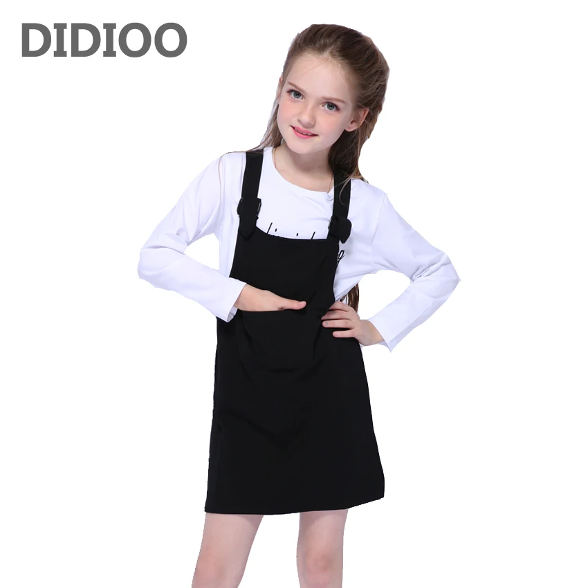 

Girls Clothes Sets for Kids Cotton Outfits Autumn Girls White Tops & Black Strap Dress Suits Child Clothing Sets 4 8 10 12 Years