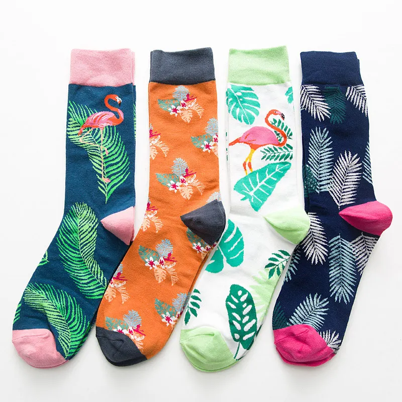

New pattern leaf cotton men's sports socks casual hip hop unisex flamingo long tube color socks