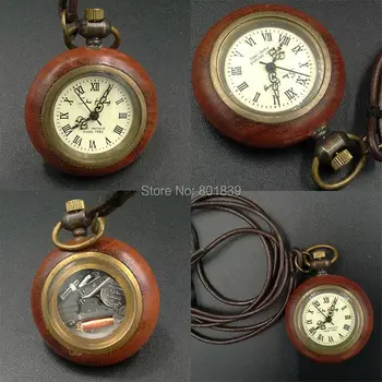 

Wooden CASE QUARTZ WOMEN POCKET WATCH NECKLACE PENDANT WITH LEATHER CHAIN NEW NICE XMAS GIFT H077