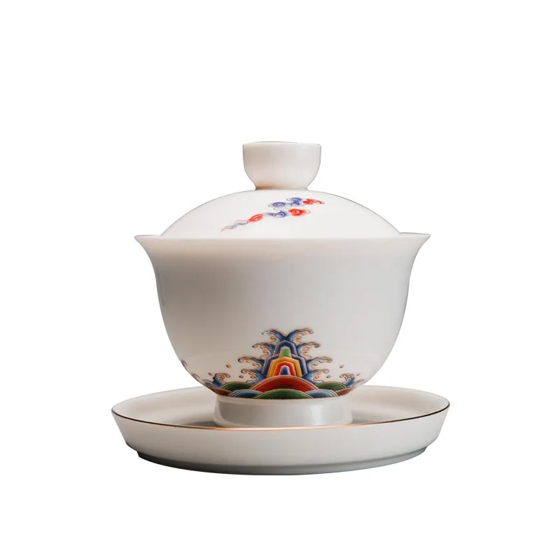 100 мл белая фарфоровая красочная чайная чаша Gaiwan с крышкой и блюдцем, набор чайных церемоний, посуда для напитков, чайная посуда, чайник, Декор, ремесла - Цвет: C