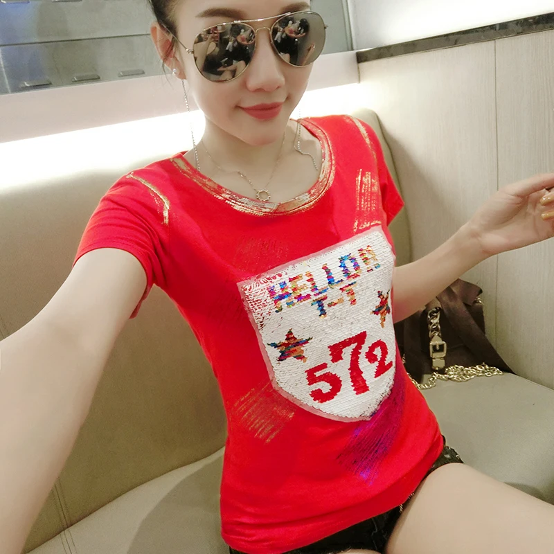 

Short-sleeved T-shirt female cotton Korean tide fashion 2019 summer new hot drilling shirt Slim wild half-sleeved shirt