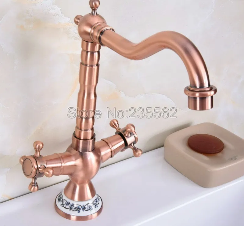 Antique Red Copper Sink Faucet Brass Finish Swivel Spout Washbasin