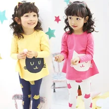 Комплекты одежды для девочек весна-осень детские футболки с длинными рукавами топы С круглым вырезом+ штаны одежда с котом модные комплекты одежды для детей