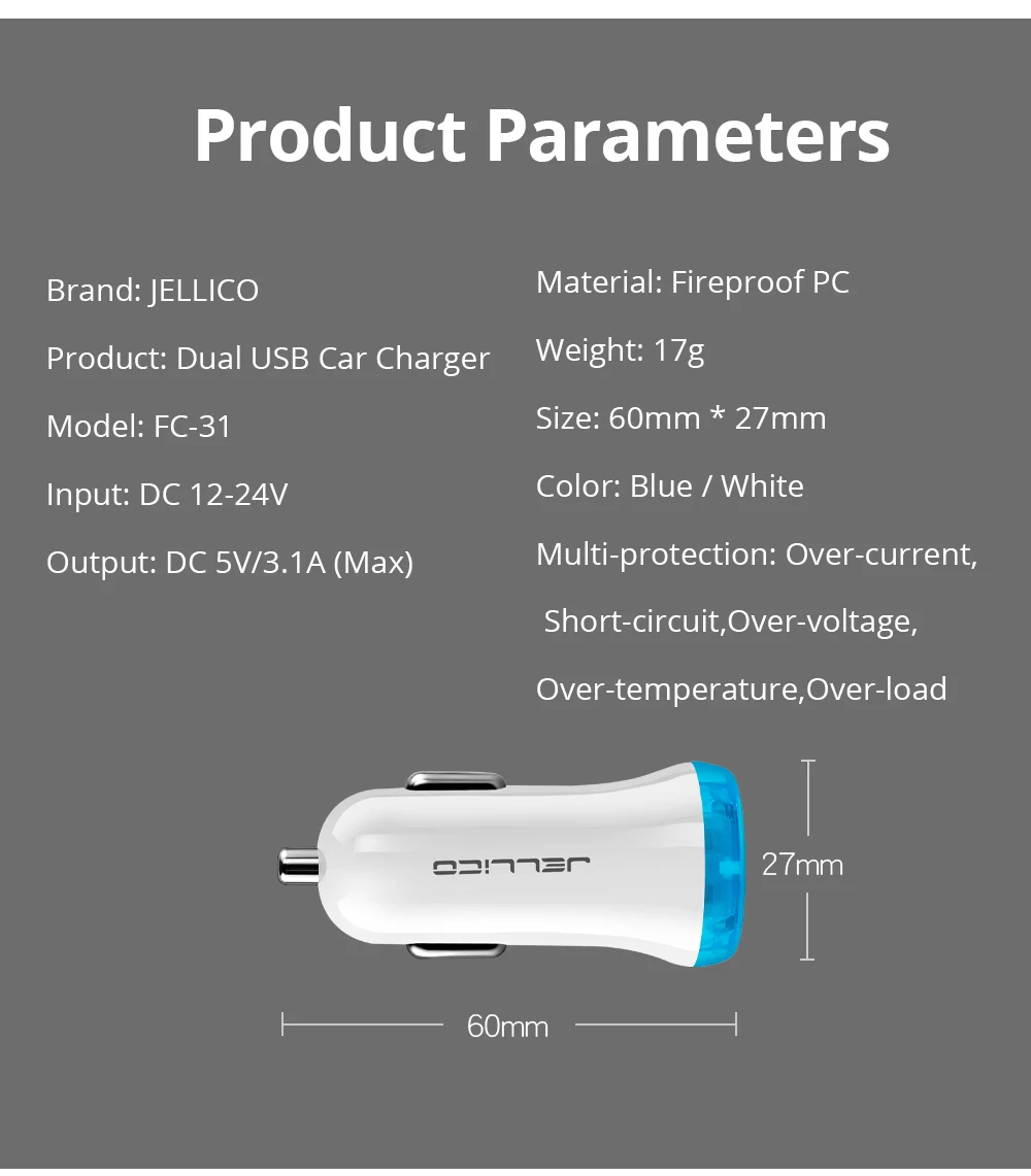 Jellico USB Автомобильное зарядное устройство для iPhone samsung мобильный телефон планшет 3.1A быстрое зарядное устройство автомобильное зарядное устройство двойной USB автомобильный адаптер зарядного устройства для телефона