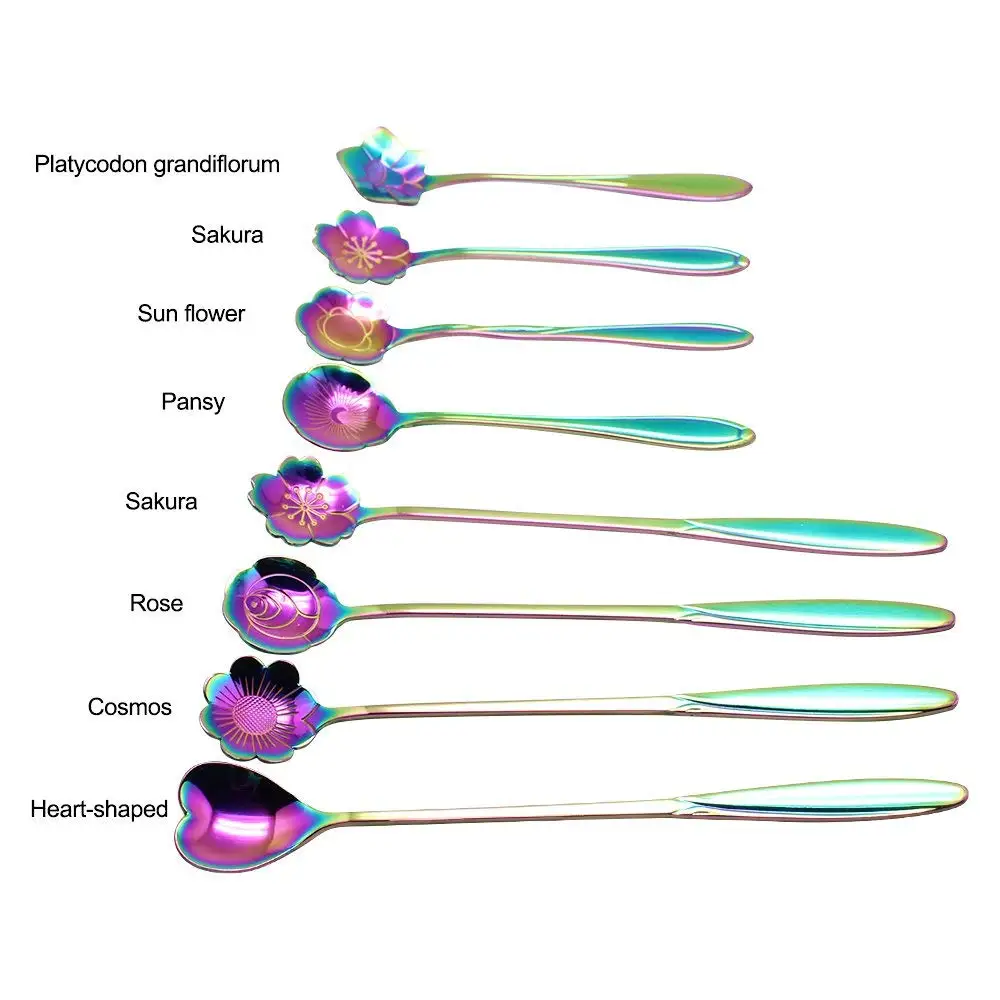 8 шт. ложки с цветами Набор, 2 разных размера красочные чайные ложки из нержавеющей стали Радужная ложка для размешивания кофе