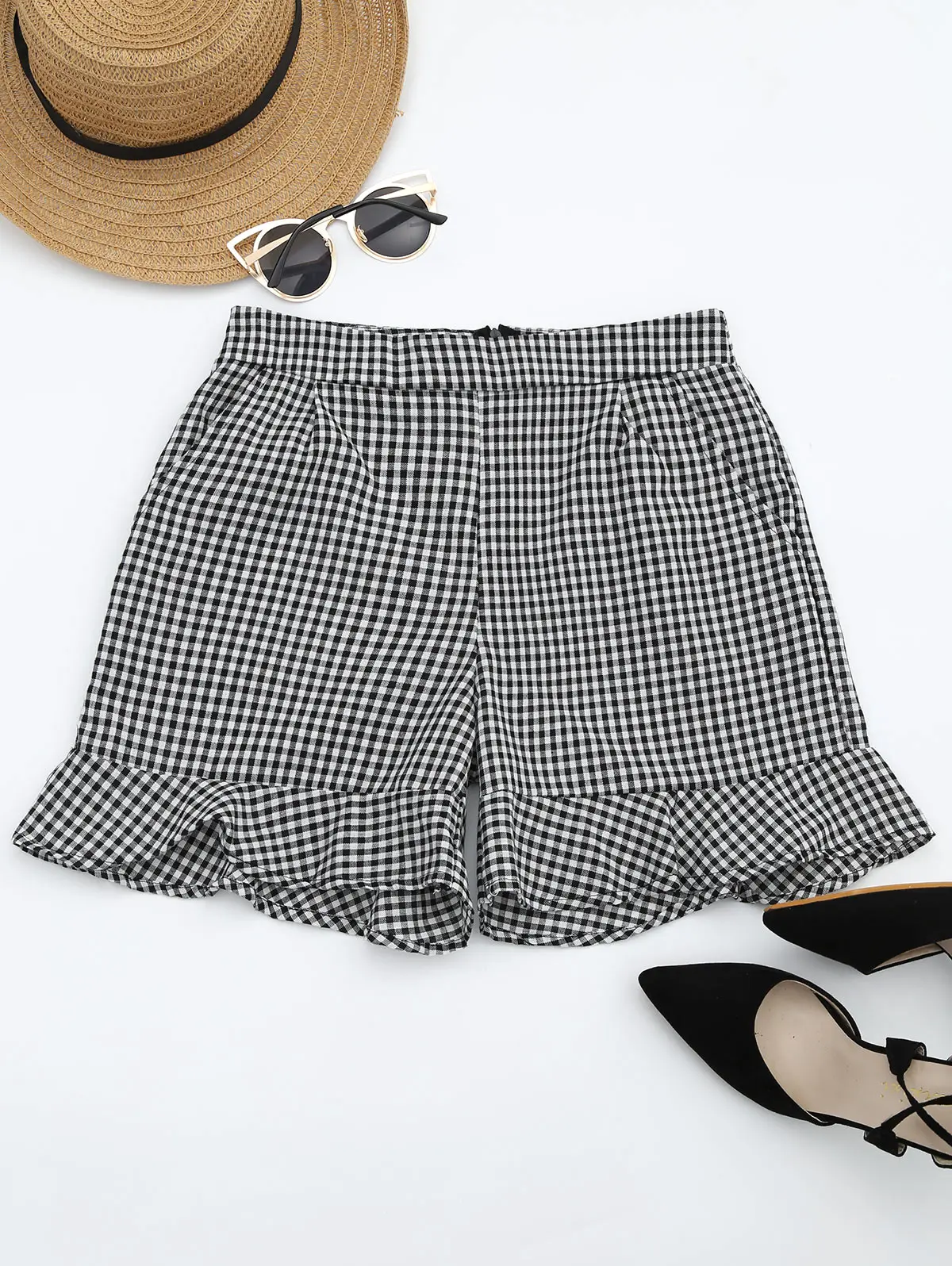 Wipalo Women Plaid Checked Shorts Pockets Ruffle Trim Zipper Shorts