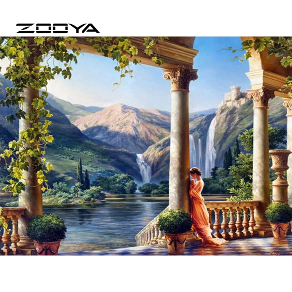 

ZOOYA Diamond Painting Full Square Diamond Mosaic Rome Castle Princess Mountain Waterfall Mosaic Needlework DIY Rhinestone SF206
