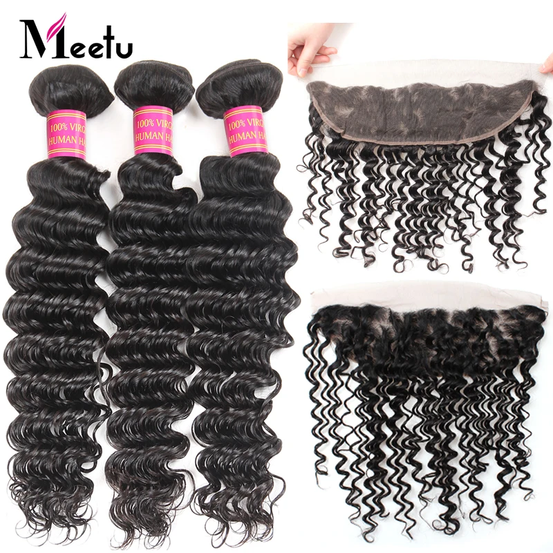 

Meetu Deep Wave Bundles with Frontal Malaysian Hair Bundles with Frontal 3 Bundles with Frontal Closure 100% Human Hair Non Remy