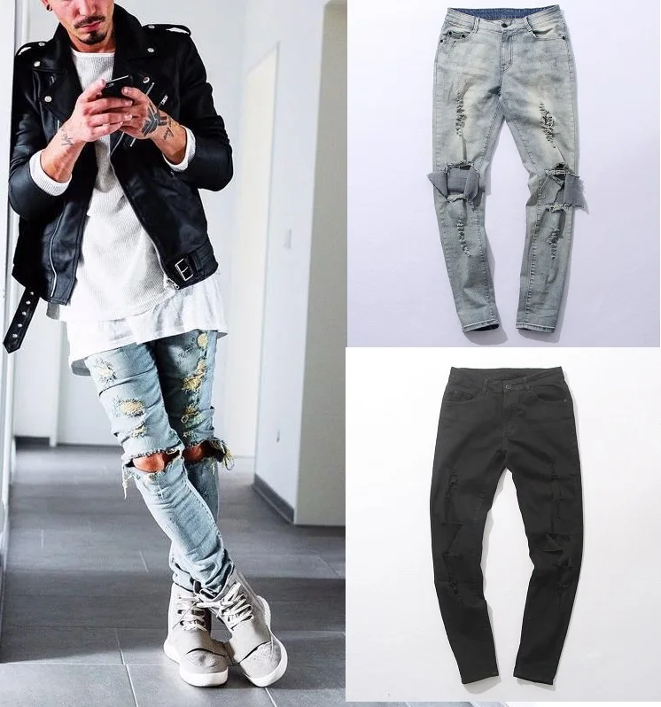 

Fashion autumn stretch ripped designer brand jeans hip hop slim fit men broken demin destroy jeans blue and black swag PANTS