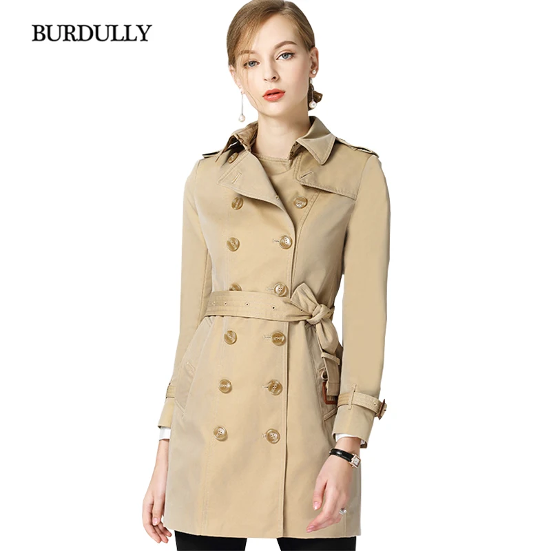 Élégant Printemps Automne 2018 Manteau Burdully khaki Double Coupe Femelle Pleine Tour Boutonnage vent Mode armygreen Femmes doen Mince Tête Col Brown Solide PtxPqE6wd