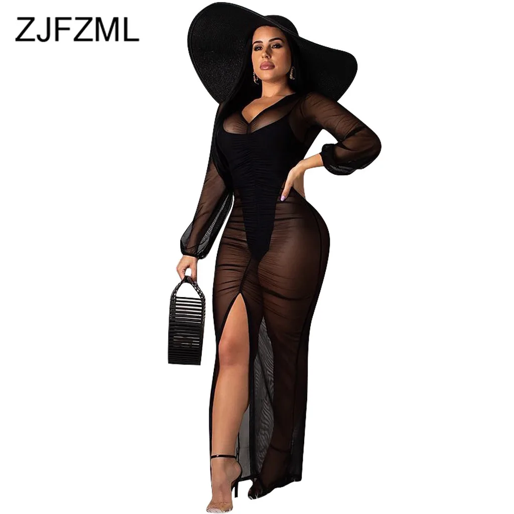 

Front High Split Sexy Pleated Long Dress Women Mesh Patchwork Perspective Bandage Dress Elegant V Neck Full Sleeve Party Dresses