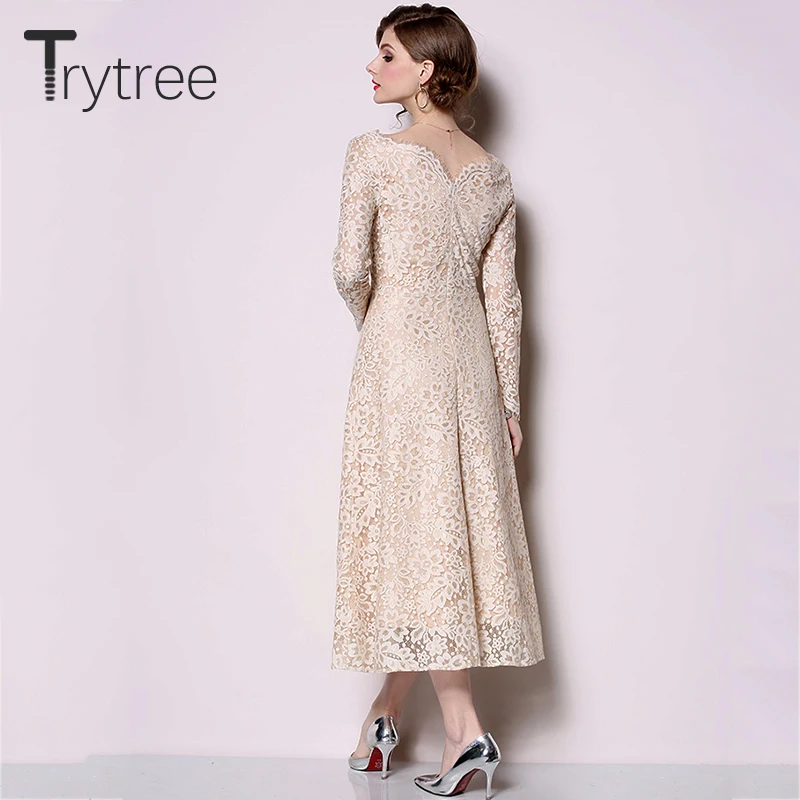 Trytree Лето Осень женское цветочное Повседневное платье с v-образным вырезом вышивка полиэстер платья длинный рукав А-силуэт до середины икры кружевное платье