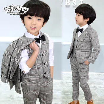 

Retail 1set Child blazer Suit Kid Costume jacket vest pant bowtie 4parts Children Clothing Set Plaid Gentle Wedding Boy dre