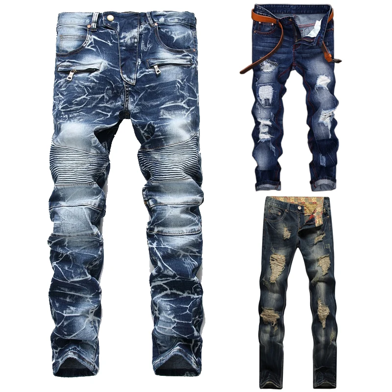 High Quality Men Casual Ripped Jeans Washed Straight Slim Pleated Motorcycle Biker Jeans Pants Male Denim Trousers Plus Size 42 High Quality Men Casual Ripped Jeans Washed Straight Slim Pleated Motorcycle Biker Jeans Pants Male Denim Trousers Plus Size 42