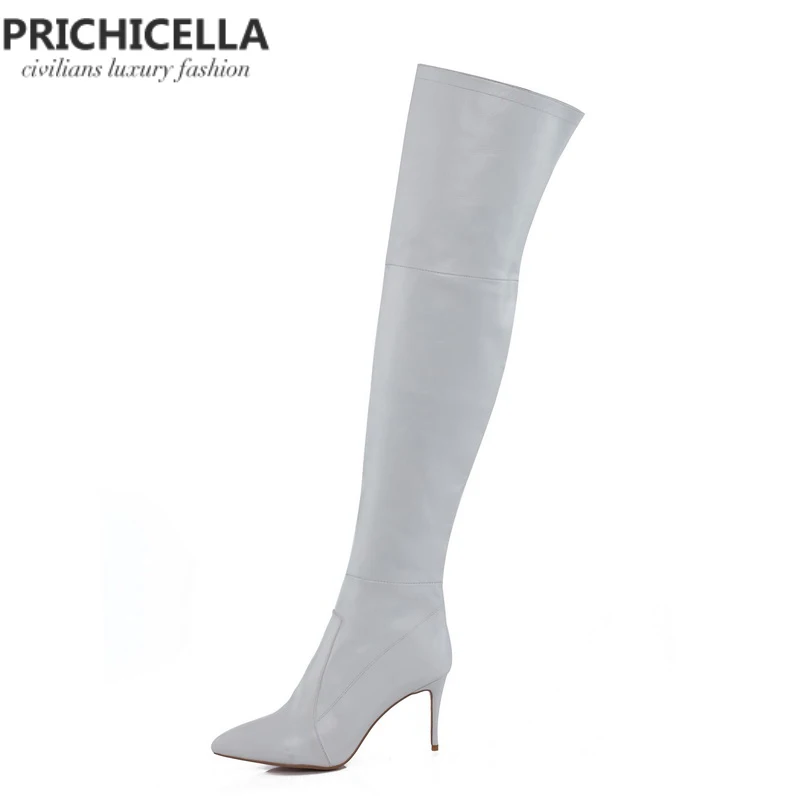 PRICHICELLA 8 см 10 см серый натуральная кожа сапоги выше колена высокие ботинки size34-42