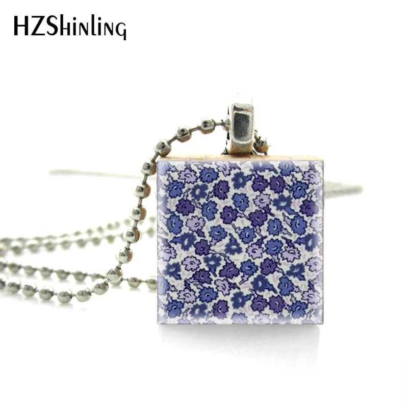 

2018 New Fashion Simple Novelty Style Wooden Scrabble Tiles Blue and White Porcelain Pattern Photos Silver Ball Chain Necklace