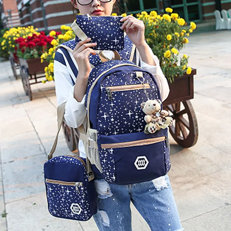 

2019 New 3Pcs/set Fashion Women Girls Large Capacity Canvas Rucksack Backpack Preppy Style Teenage School Bags Cute Bear Decor