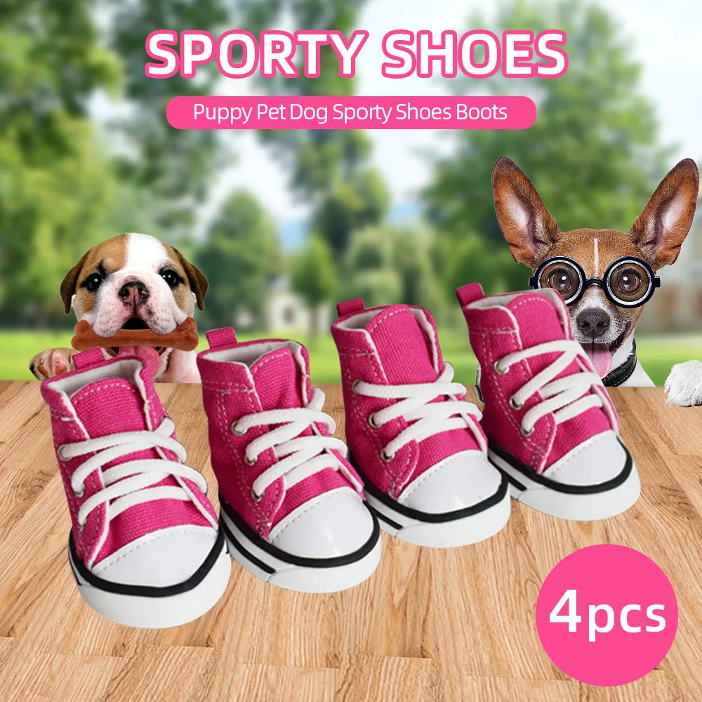 Новинка, 4 шт., розовые джинсовые кроссовки с рисунком собаки, обувь для щенка, Спортивная Тканевая обувь, сапоги для собак, противоскользящая обувь для маленьких и крупных собак