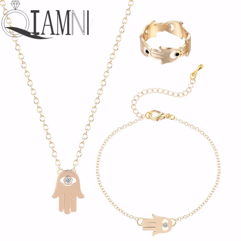 

QIAMNI Hamsa Hand Jewelry Sets Pulseras Beautiful Silver Statement Evil Eye Bracelet+Neckalce+Rings for Women Bijoux