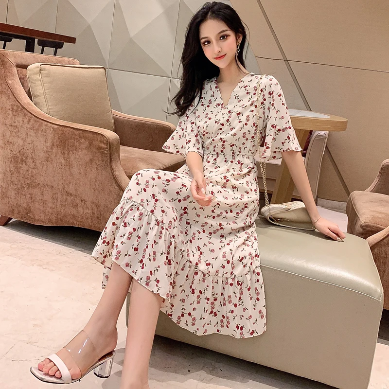 

Women Chiffon Dress Elastic Waist Printed A-line Flare Sleeve Female V-neck Beach Holiday Boho Dress Vestidos Summer Autumn