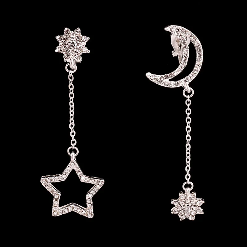 Асимметричные Серьги клипсы Луна и звезды без прокола|clip earrings without piercing|earrings