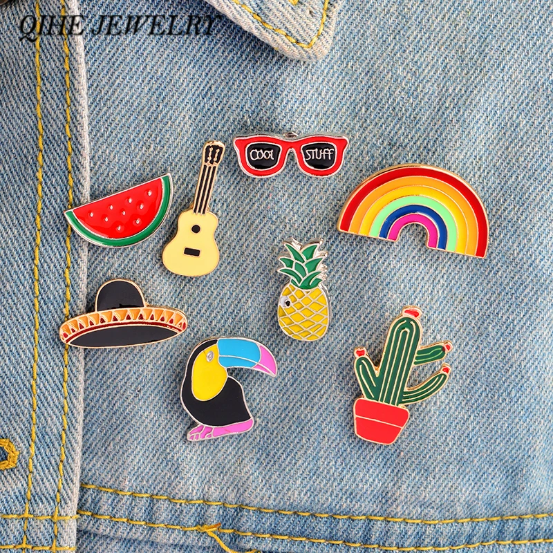 

QIHE JEWELRY Pins and brooches Southwest Cowboy Guitar Mexican cactus Pineapple Watermelon Sunglasses Rainbow Enamel pins Badges