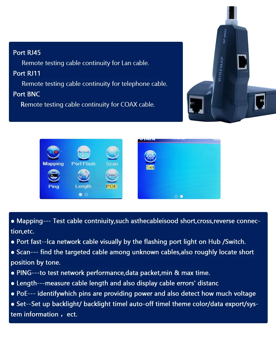 NF-8601 Многофункциональный тестер сетевого кабеля ЖК-тестер длины кабеля тестер точки останова английская версия NF_8601