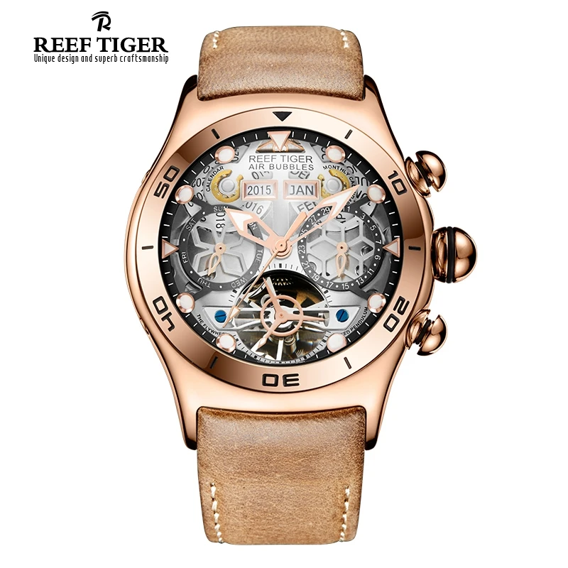 Мужские спортивные часы Reef Tiger/RT светящиеся скелетоны цвета розового золота с