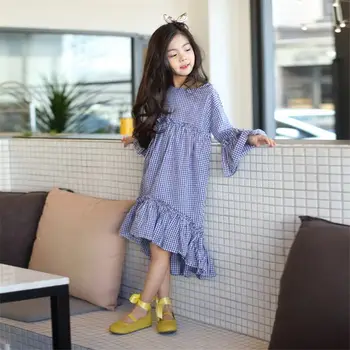 

2019 Spring Autumn Kids Girls Pure Cotton Ruffles Dress Children Long Sleeve Plaid Princess Dress Teens girls Causal Dress Q201