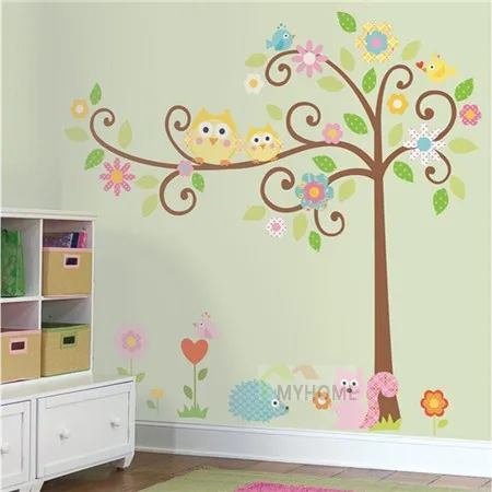 

Removable and Waterproof Cartoon Owls Squirrel Tree Children Wall Stickers for Kids Rooms Nursery Decor