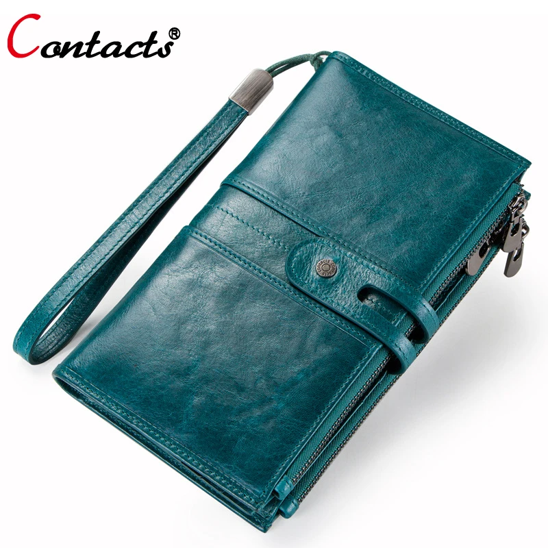 

Contact's Genuine Leather Wallet Women Long Blue Wallet Female Purse With Phone Bag Fashion Clutch Red Card Holder Green Wallet