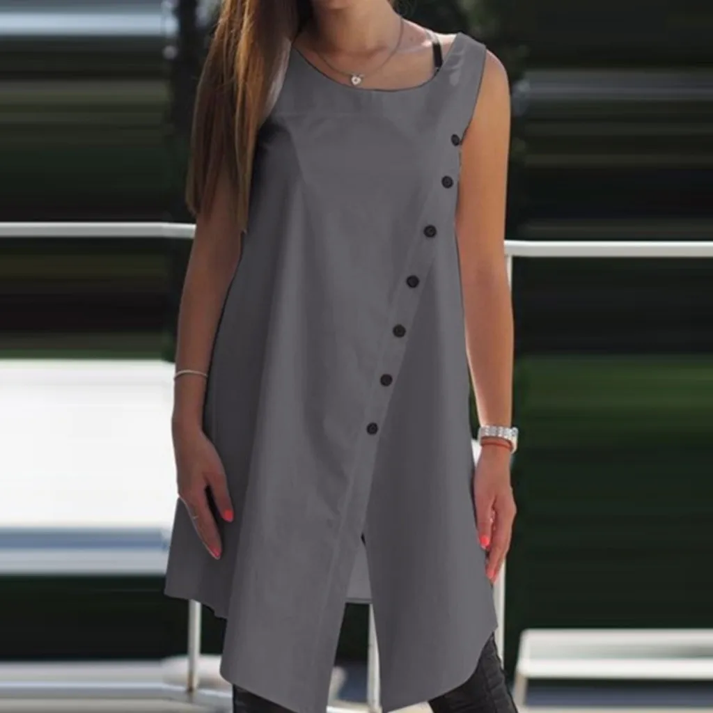 Women Fashion Casual O-Neck Solid Color Button Irregular Sleeveless Top